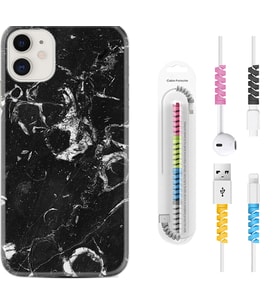 Apple iPhone 11 12 13 Mini Kılıf Kablo Koruma Spiral Silikon Black Hole Marble 1387