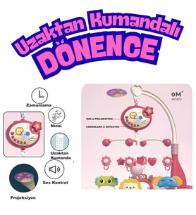 Projektörlü Müzikli Işıklı Dönence Uzaktan Kumandalı Pilli Bebek Çıngıraklı Dişlikli Sabitlemeli Bebek Yatıştırıcı Uyku Arkadaşı (Pembe)