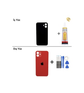 iPhone 12 Kırmızı Arka Kapak Arka Cam Batarya Kapağı Lazer Kesim Kapak Pil Kapağı + B-7000 Yapıştırıcı + Tamir Seti