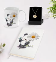 BK Gift Kişiye Özel Papatya Temalı Beyaz Defter Kupa ve Papatya Kolye Seti-1 (Model 1)