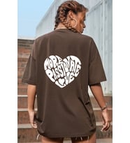 Unisex Yazı Kalp Baskılı Oversize Tshirt (Kahverengi)