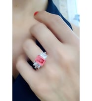Baget Pembe Kristal Kuvars Taşlı Zirkon Taş Detaylı 925ayar Gümüş Tek Taş Yüzük - OSESHOP