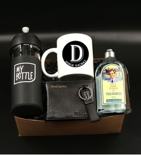 Babalar Gününe Özel Kişiye Özel Harf Baskılı Kupa Bardak& Siyah Erkek Cüzdan& Siyah Anahtarlık& French Press Cam Mug& Eyüp Sabri Tuncer Tıraş Kolonyası Hediye Seti