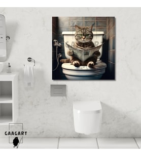 Tekli Kare Kanvas Banyo Tablosu Gazete Okuyan Yeşil Gözlü Tekir
