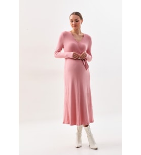 Hamile Yumuşak Fitilli Kumaş Anvelop Elbise (Pembe)