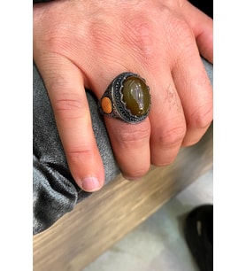 Oval Model Kehribar Taşlı Gümüş Erkek Yüzük