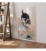Ohara Koson Cat and Goldfish Bowl Kedi ve Japon Balığı Temperli Cam Dekoratif Duvar Tablosu