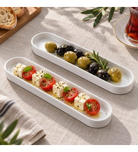 Porselen Oval Tabak 2’li Set, 26,2 × 7 × 1,9 cm, Beyaz İnce Uzun Zeytinlik, Kahvaltılık Peynir Meze ve Atıştırmalık Sunum Servis Tabağı, 2 Adet