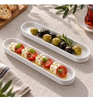 Porselen Oval Tabak 2’li Set, 26,2 × 7 × 1,9 cm, Beyaz İnce Uzun Zeytinlik, Kahvaltılık Peynir Meze ve Atıştırmalık Sunum Servis Tabağı, 2 Adet
