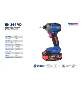EXEN EN 264 VD 21V 4Ah 260N.m Kömürsüz Darbeli Şarjlı Vidalama EX011015