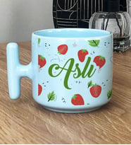 Kişiye Özel Çilek Desenli Hediye Pastel T Kupa Doğum Günü Hediyesi -2- (Mavi)