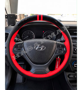 Hyundai i20 Coupe Dikme Direksiyon Kılıfı Parlak Siyah Kırmızı Detaylı Kırmızı Çift Yüzük ve Dikiş 2015-2018