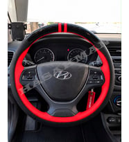Hyundai i20 Coupe Dikme Direksiyon Kılıfı Parlak Siyah Kırmızı Detaylı Kırmızı Çift Yüzük ve Dikiş 2015-2018