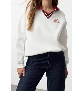 Tarz Bol Polo Yaka Düşük Kol Uzun Nakışlı Gneiş Kalıp Kalın İçi Polarlı Örme Sweatshirt