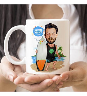 Kişiye Özel Sörf Yapan Erkek Karikatürlü Kupa Bardak