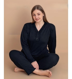 Pijamerry Kadın Büyük Beden Dantel Yaka Bambu Uzun Kol İnce Pijama Takımı 5545 - 1 Adet (Siyah)