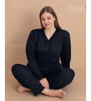 Pijamerry Kadın Büyük Beden Dantel Yaka Bambu Uzun Kol İnce Pijama Takımı 5545 - 1 Adet (Siyah)