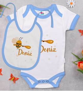 BK Kids Kişiye Özel İsimli Mavi Bebek Body Zıbın ve Mama Önlüğü Hediye Seti-38