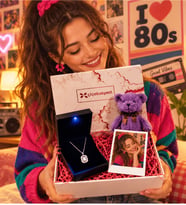 80ler Temalı 925 Ayar Gümüş Baget Taşlı Pırlanta Kolye, Ayıcık ve Polaroid Hediye Seti