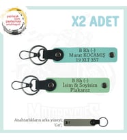 Motor Severlere Özel, İsim Plaka ve B Rh (-) Kan Grubu Yazılı x2 Anahtarlık Takım, Yeşil-Turkuaz-Gr (Çok Renkli)