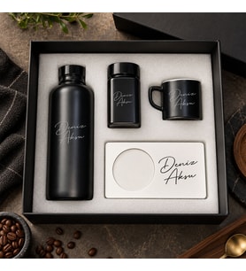BK Gift Kişiye Özel İsimli Siyah Cam Suluk & Kahve Fincanı & Türk Kahvesi & MDF Bardak Altlığı - Hediye Kutulu Siyah Set-1
