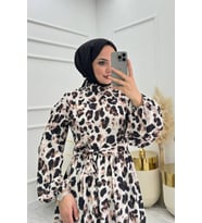 kadın saten kuşaklı eteği fırfırlı tesettür elbise NMS008