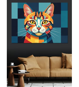 Geometrik Renkli Modern Kedi Portresi Dekoratif Kanvas - Mdf Ahşap Tablo