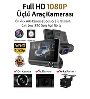 Full HD 1080P Üçlü Araç Kamerası  Ön + İç + Arka Kamera G-Sensör Geniş Açılı Görüş