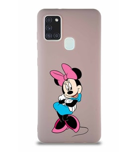 Samsung Galaxy A21S Soft Premier Kapak Minnie Mouse-D Tasarımlı Silikon Kılıf - Pudra (Şeffaf)