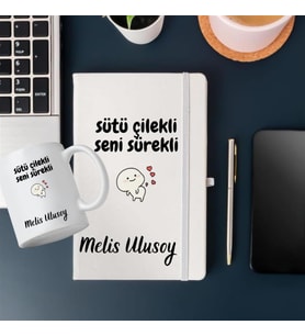 Kişiye Özel Sütü Çilekli Seni Sürekli Tasarımlı Bardak ve Deri Defter Hediye Seti