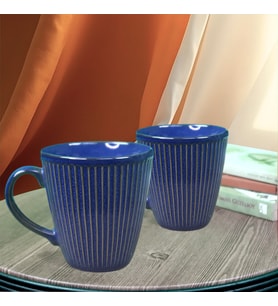 2'li Çizgili Seramik Kupa (Mavi)
