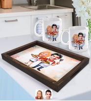 BK Gift Kişiye Özel Sevgililer Karikatürlü Doğal Ahşap Tepsi ve 2’li Kupa Bardak Seti-57