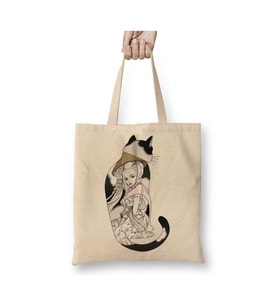 Kedi Geisha Cat Beyaz Bez Çanta Uzun Saplı Alışveriş Çantası Plaj Çantası