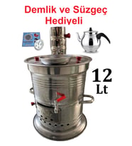 12 Litre Paslanmaz Krom Odunlu Kömürlü Çay Semaveri Odunlu Kömürlü Semaver DEMLİK HEDİYELİ 12+1 Lt