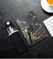 Kişiye Özel Siyah Touch Roller Kalem & Siyah Mermer Desen Defter & Özel Kılıflı 500Ml Cam Matara Hediye Seti