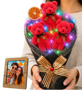 Doğum Günü Hediyesi Kişiye Özel Fotoğraflı Renkli LED Işıklı Peluş Ayıcık Buketi (Fuşya)