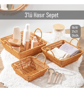 Porsima 303-D Kare 3'lü Hasır Sepet Dekoratif Ev Düzenleyici Kendinden Kulplu Hasır Sepet Seti Banyo Düzenleyici Sepet