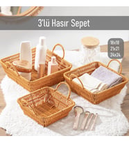 Porsima 303-D Kare 3'lü Hasır Sepet Dekoratif Ev Düzenleyici Kendinden Kulplu Hasır Sepet Seti Banyo Düzenleyici Sepet