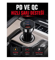 Mey İthalat® 3 Portlu Araç İçi Şarj Adaptörü Çift PD Type-C ve QC3.0 USB Çıkışlı