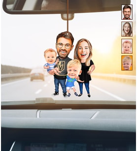 Kişiye Özel Karikatürlü Aile Temalı Ahşap Araba Dikiz Ayna Süsü