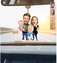 Kişiye Özel Karikatürlü Aile Temalı Ahşap Araba Dikiz Ayna Süsü