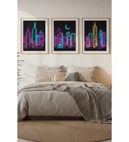 Neon Şehir Silüeti 3’lü Modern Ahşap Çerçeveli Tablo Seti - Yatak Odası Dekoru