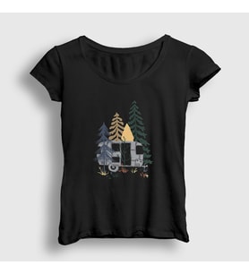 Presmono Kadın Siyah Caravan Camper Kamp T-Shirt 370589tt