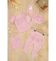 Kız Bebek Natural Pamuk Kumaş 5 Li Fistolu Lüks Hastane Çıkışı Seti STL6770 (Pembe)