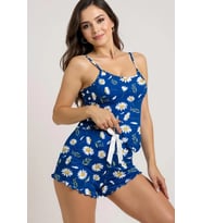 Papatya Desenli Mavi Askılı Şortlu Pijama Takımı