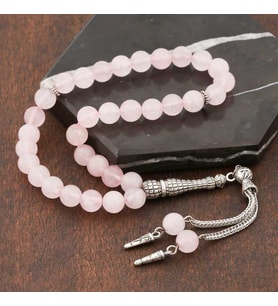 ?Doğaltaş Metal Püsküllü Pembe Kuvars Taşlı Tesbih