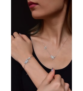 Papatya Silver 925 Ayar Gümüş Rodyum Kaplama Papatya Ve Yusufçuk Kolye Bileklik Set