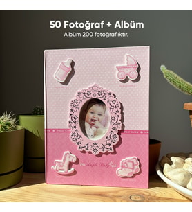 200 Fotoğraf Kapasiteli Bebek Albümü + 50 Fotoğraf Baskısı + Kapak Fotoğrafı -10x15 cm (Pembe)