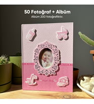 200 Fotoğraf Kapasiteli Bebek Albümü + 50 Fotoğraf Baskısı + Kapak Fotoğrafı -10x15 cm (Pembe)