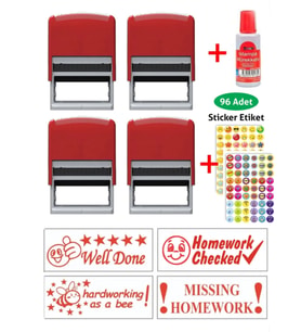 Öğretmen Kaşesi 4 Adet Kaşe + 1 Adet Mürekkep (20 cc) + 4 Yaprak Sticker Etiket Öğrenci Motivasyon Kaşeleri